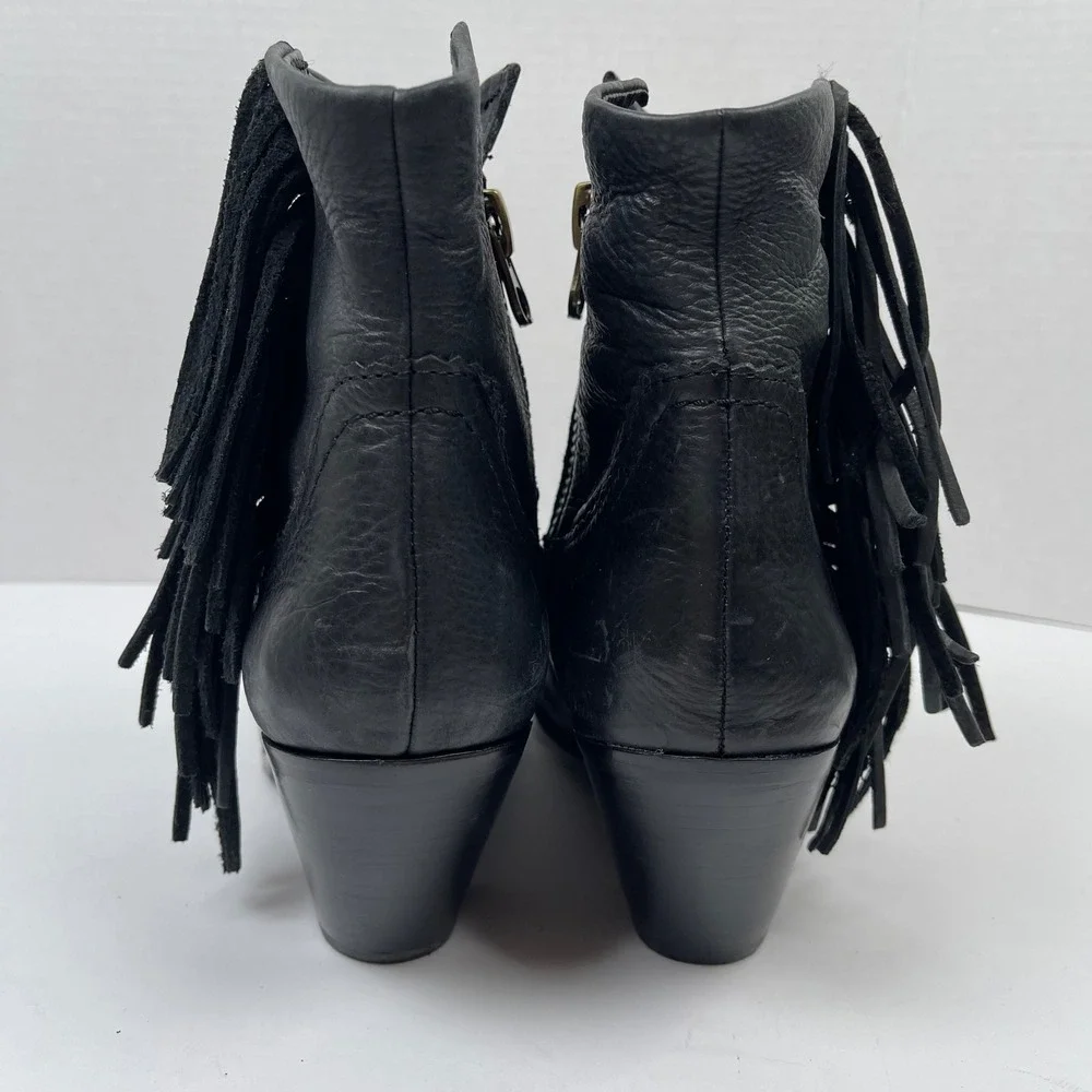 Sam Edelman Louie Fringe Ankle Boots Womens 9.5 Black Leather Western Boho Biker